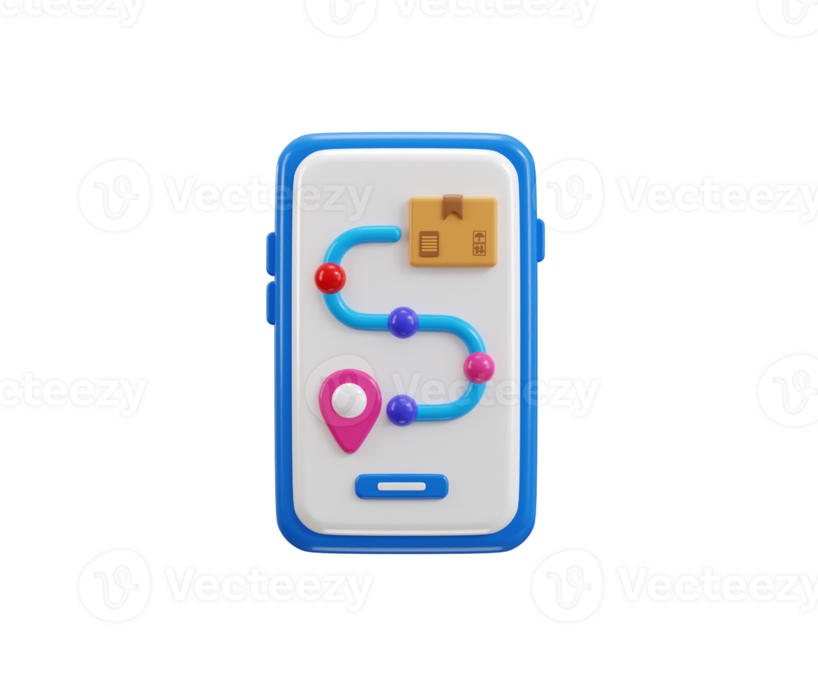 Smartphone with delivery route path package box location pin icon 3d render concept of fast delivery location illustration png