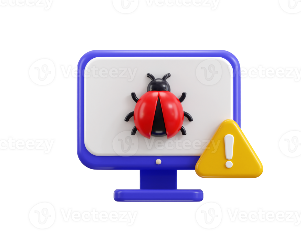 Computer bug with warning symbol icon 3d render concept of computer antivirus malware, computer security alert icon illustration png