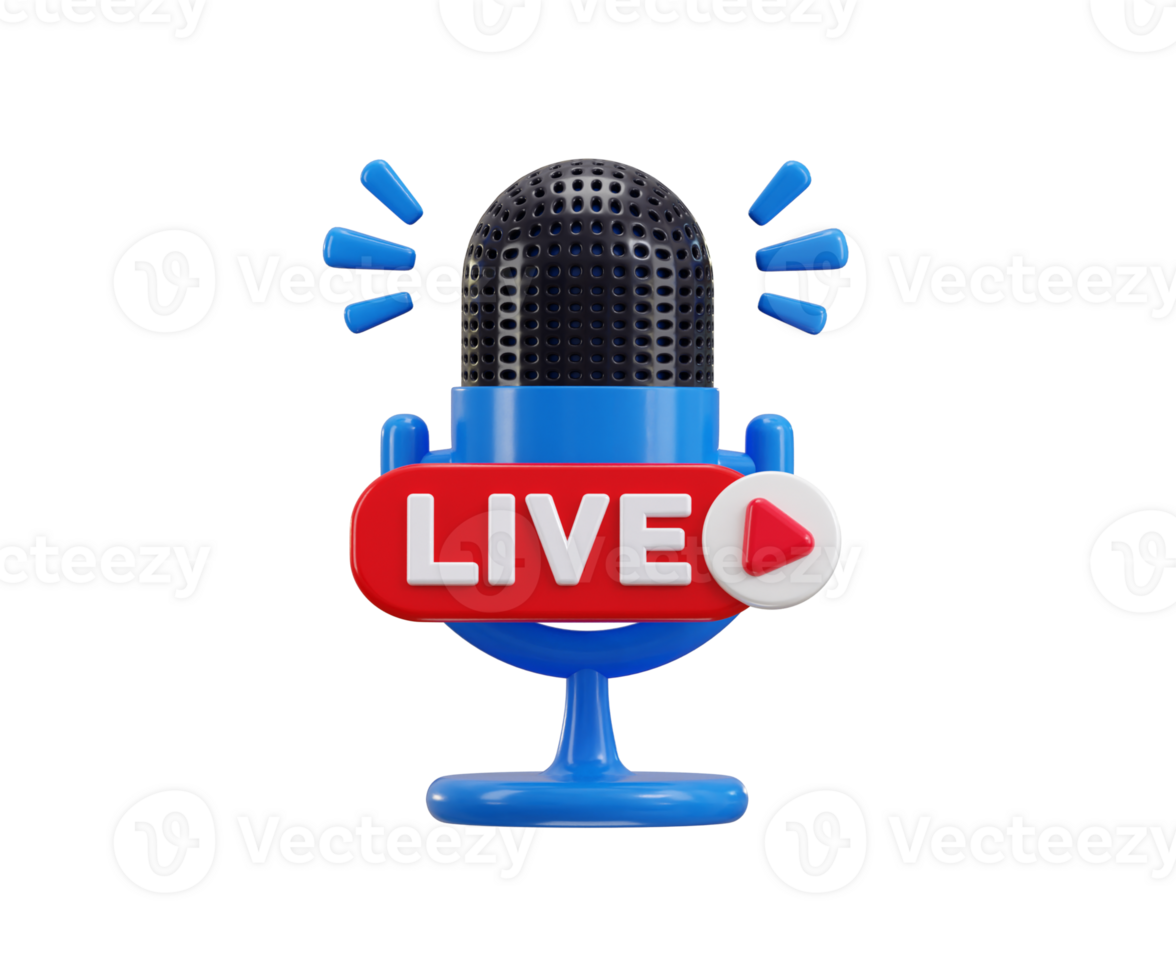 Microphone with Podcast Live symbol 3d render concept of live streaming, podcast broadcast icon illustration png
