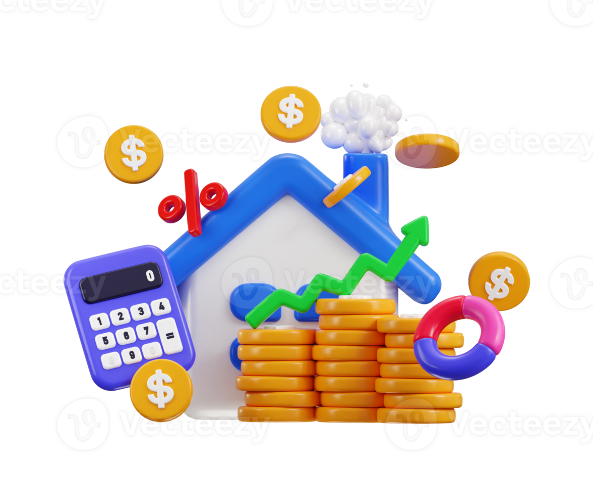 House and coin stack with chart icon 3d render concept of money saving to loan house, property, money investment on real estate icon png