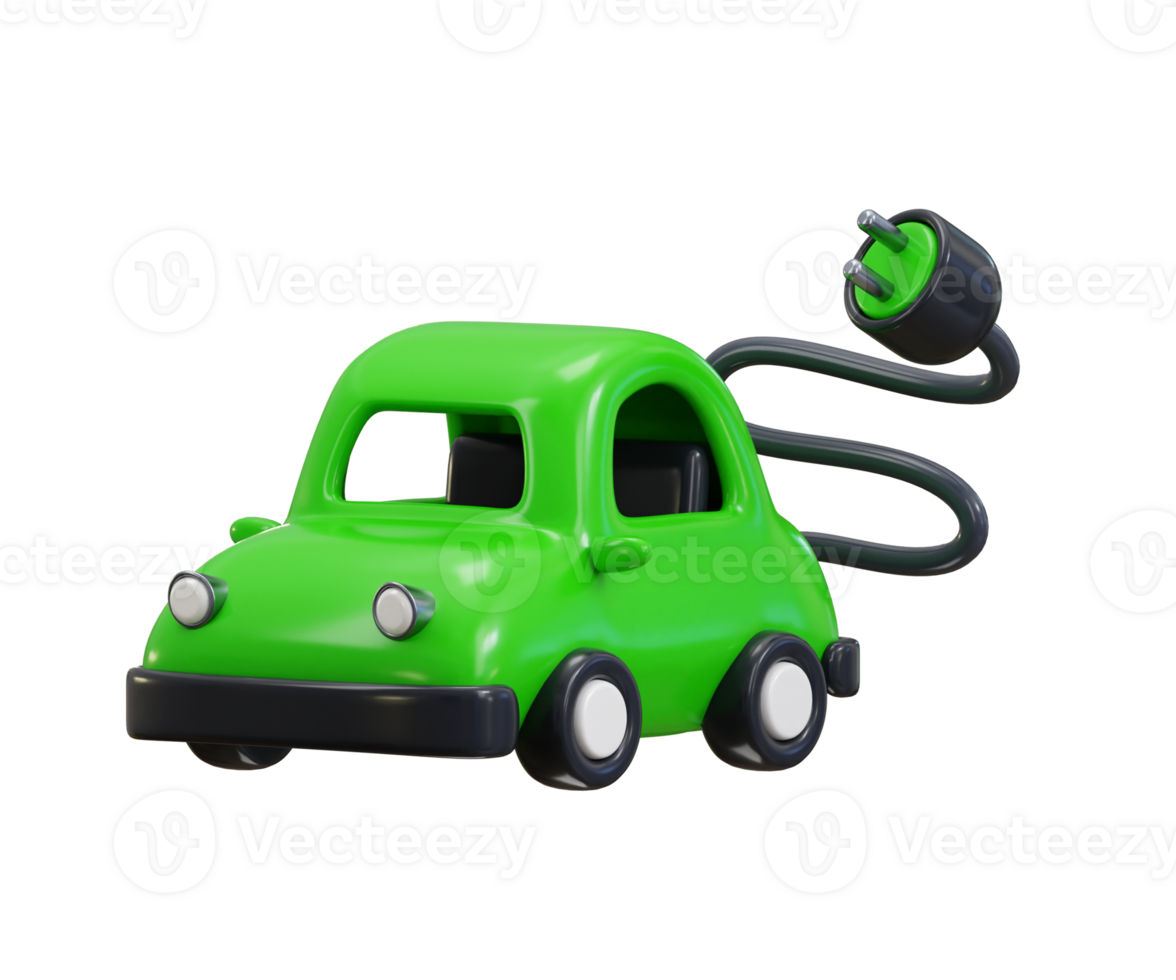 Electric Car with Charging plug icon 3d render concept with Green Energy, Clean Energy, Environmental Alternative Energy transport illustration png