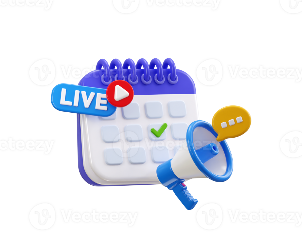 Callender with megaphone icon right marked on live event date 3d render concept of emergency planner icon illustration png