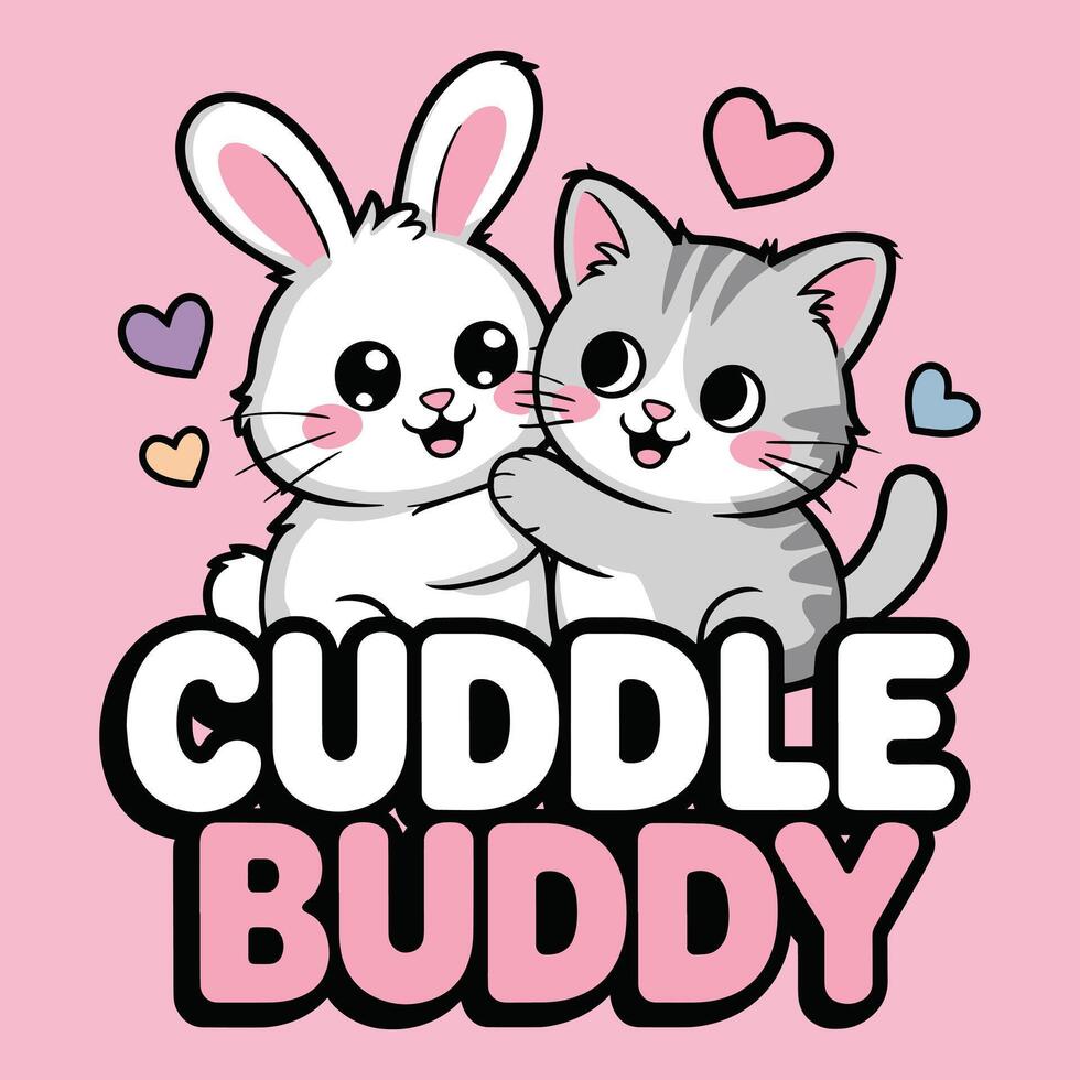 Cuddle Buddy Cute Rabbit Cat Hugging T Shirt Design Illustration vector