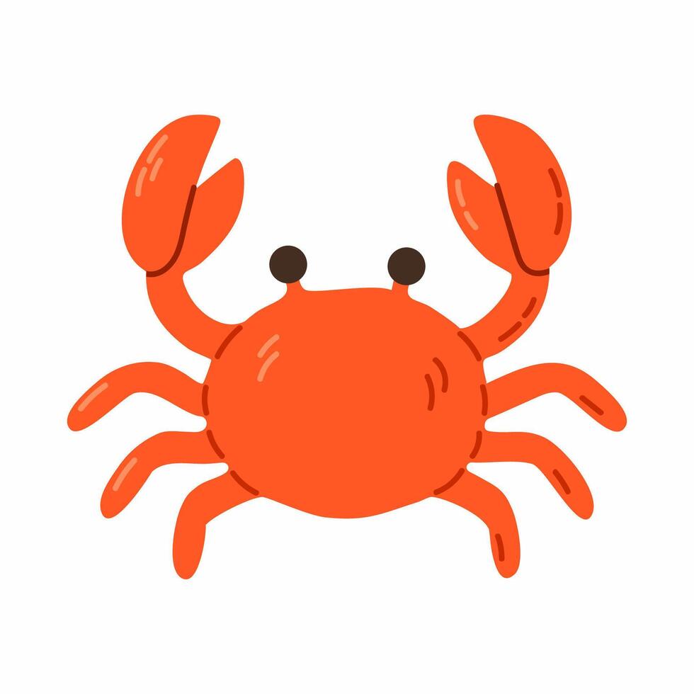 Cheerful red crab with raised claws and simple body shape, perfect for kids marine visuals and beach-themed projects vector