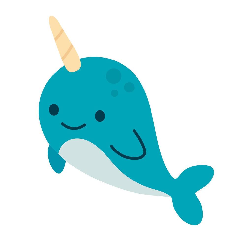Friendly narwhal with signature spiral tusk and a joyful expression, perfect for ocean-inspired kids content and learning tools vector