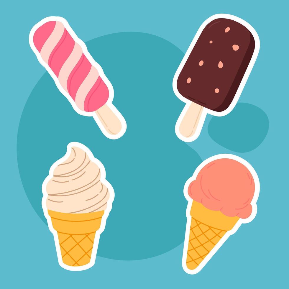 Set of ice cream stickers on blue background vector