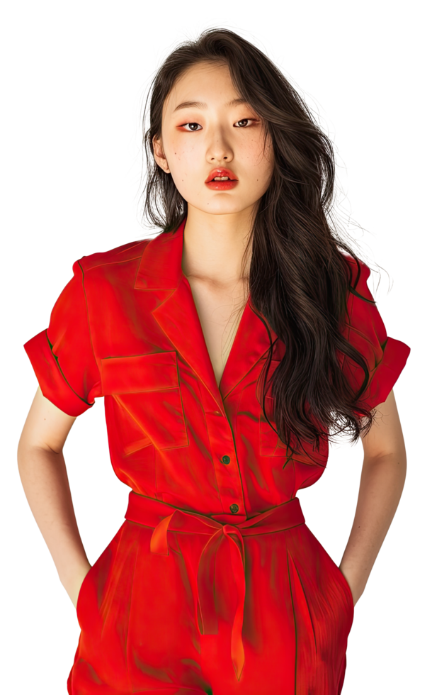 A woman in a red jumpsuit posing for the camera png