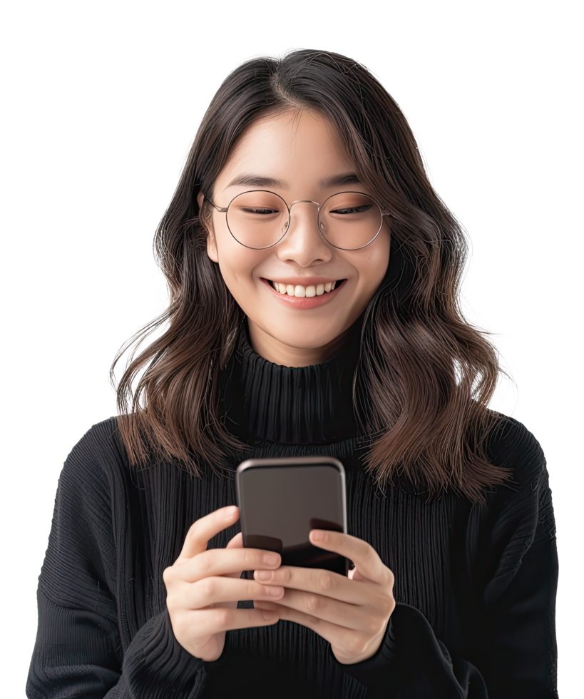 A woman wearing glasses and a black sweater is smiling while holding a smart phone png