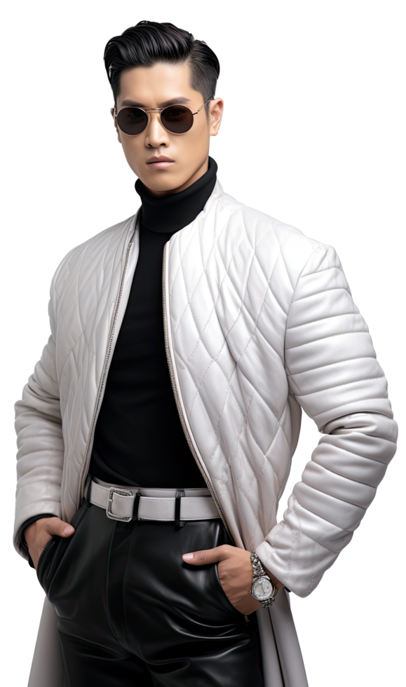 A man in a white jacket and black shirt png