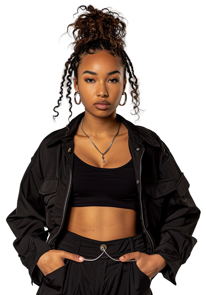 A woman in black clothing posing for the camera png