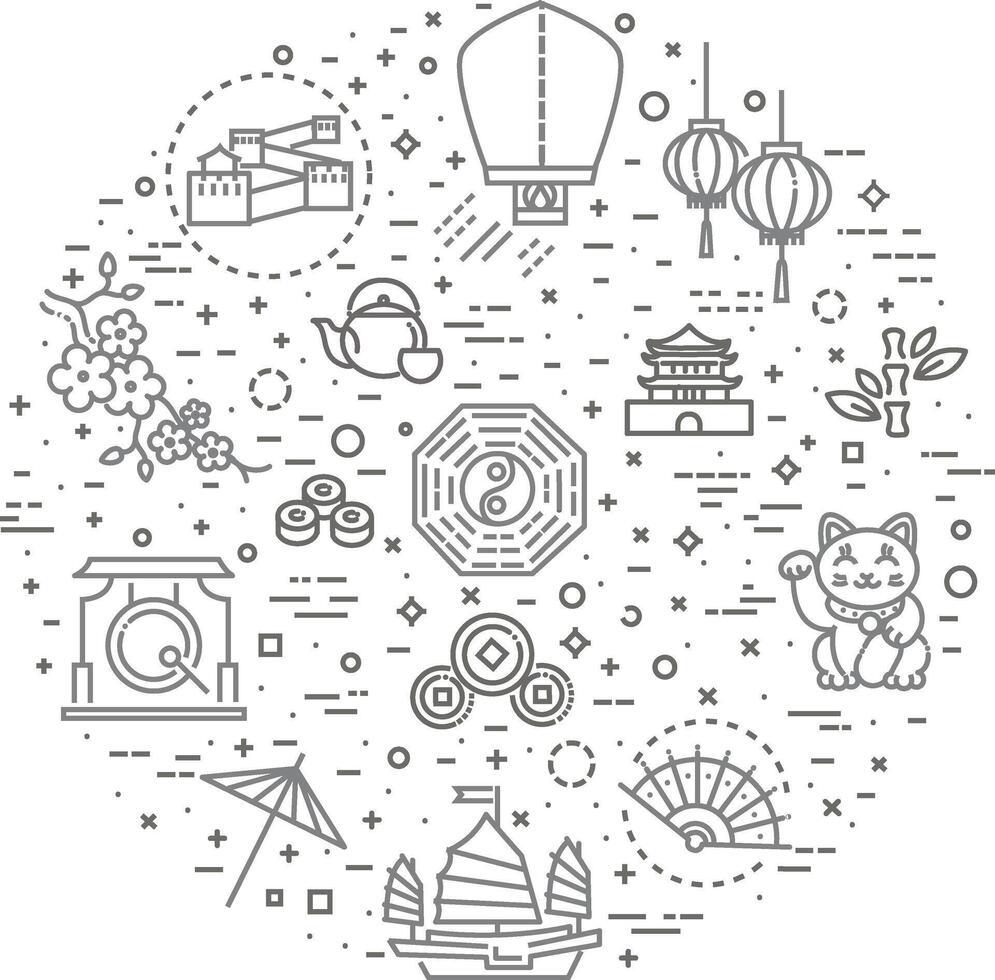China outline icon set vector