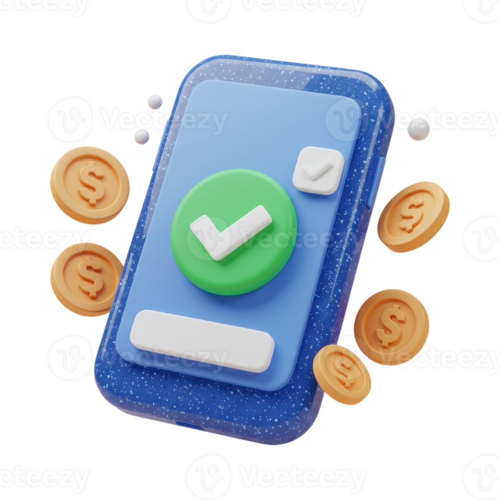 3D blue smartphone with green checkmark and floating dollar coins png