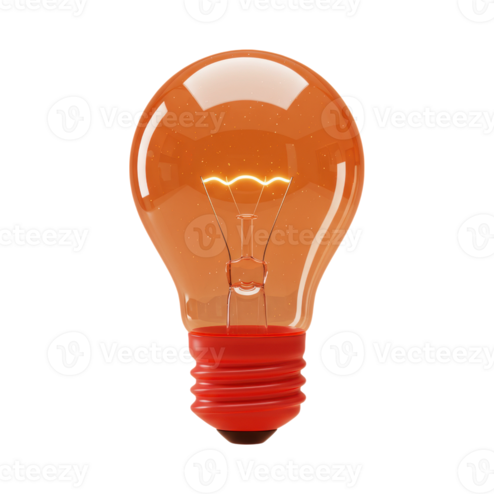 A bright orange 3D lightbulb with a glowing filament and red screw base png