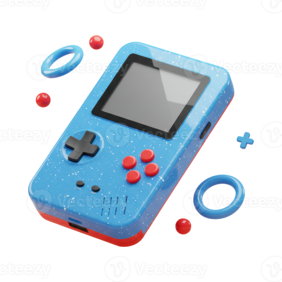 A 3D blue and red portable game console with floating geometric shapes png