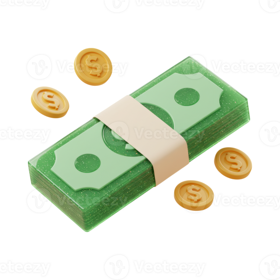 A 3D bundle of green banknotes wrapped with a band and gold coins png