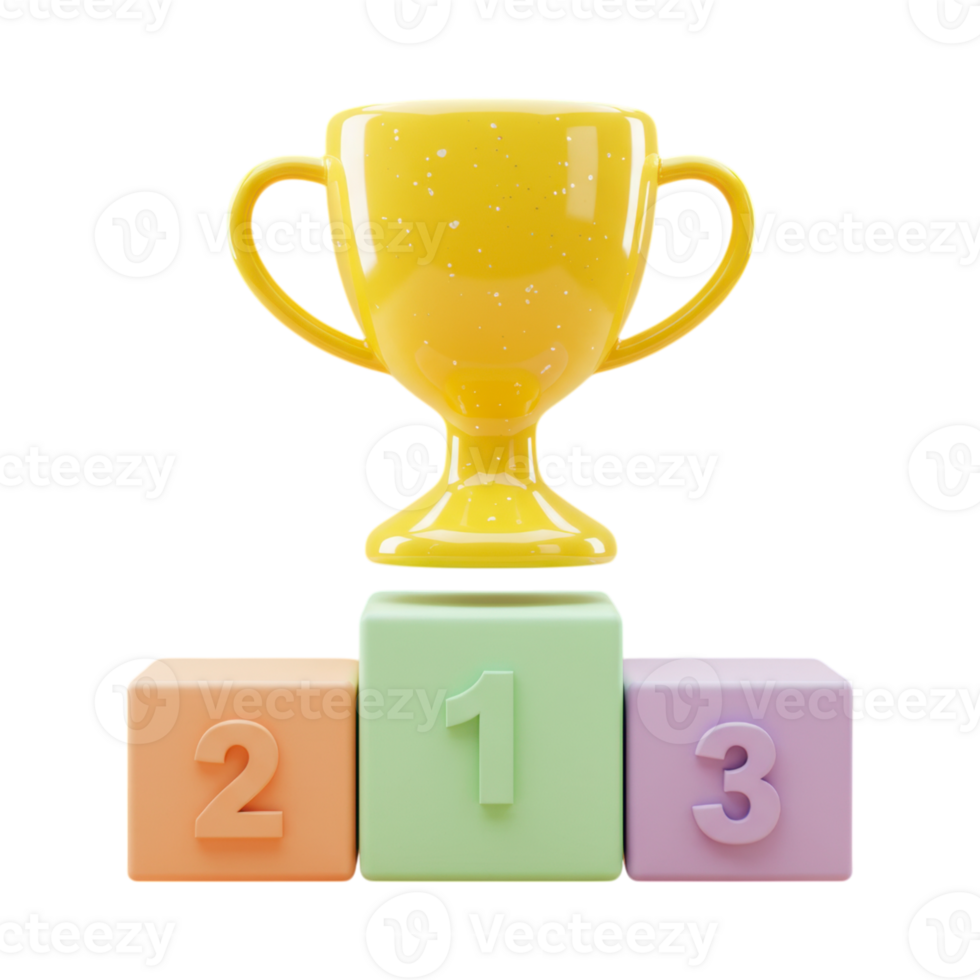 A bright yellow 3D trophy gleams on a pastel green podium block with numbers png