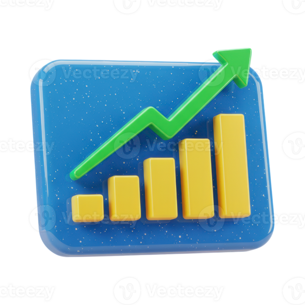 3D bar chart with yellow bars and green arrow symbolizing business growth png