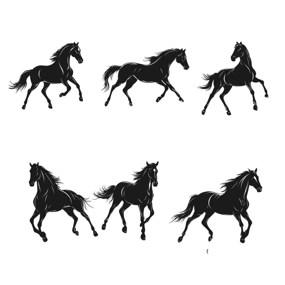 Six silhouettes of running horses in motion vector