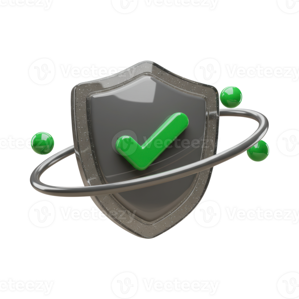 3D grey shield with green checkmark and orbiting spheres, symbolizing security png