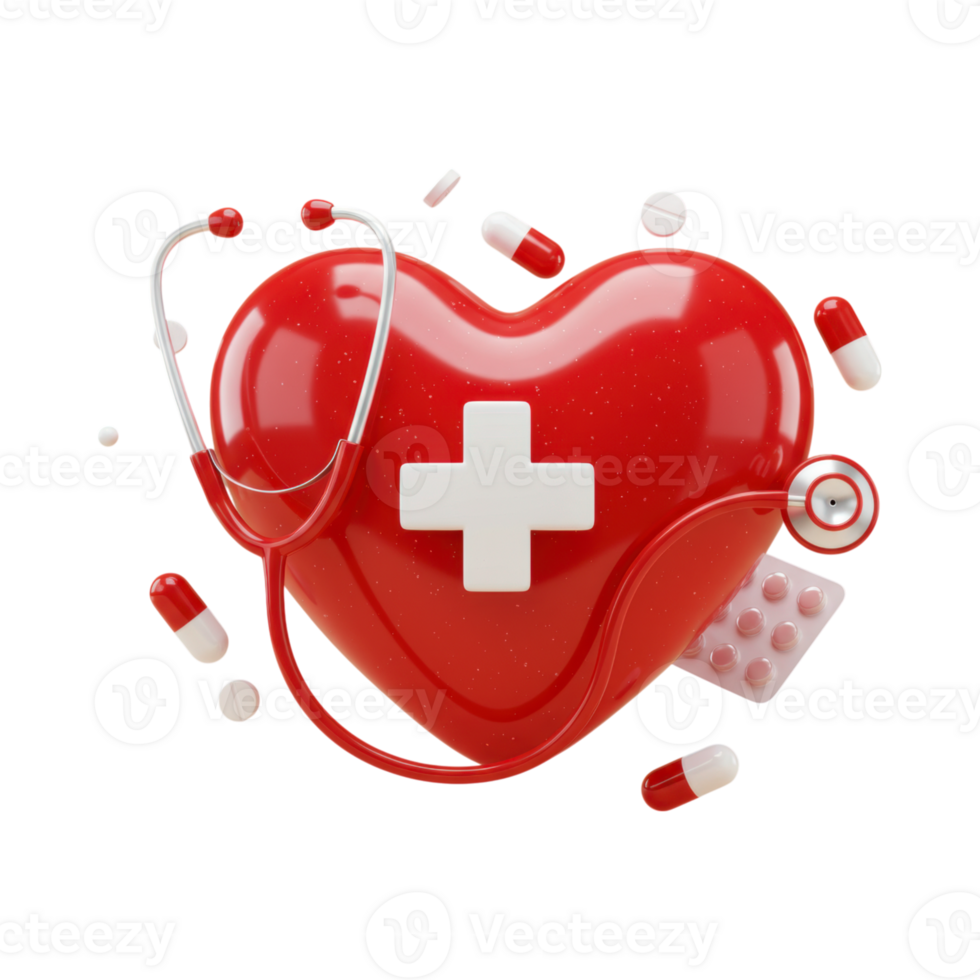 A 3D red heart with a white cross, stethoscope, and medical pills for health. png