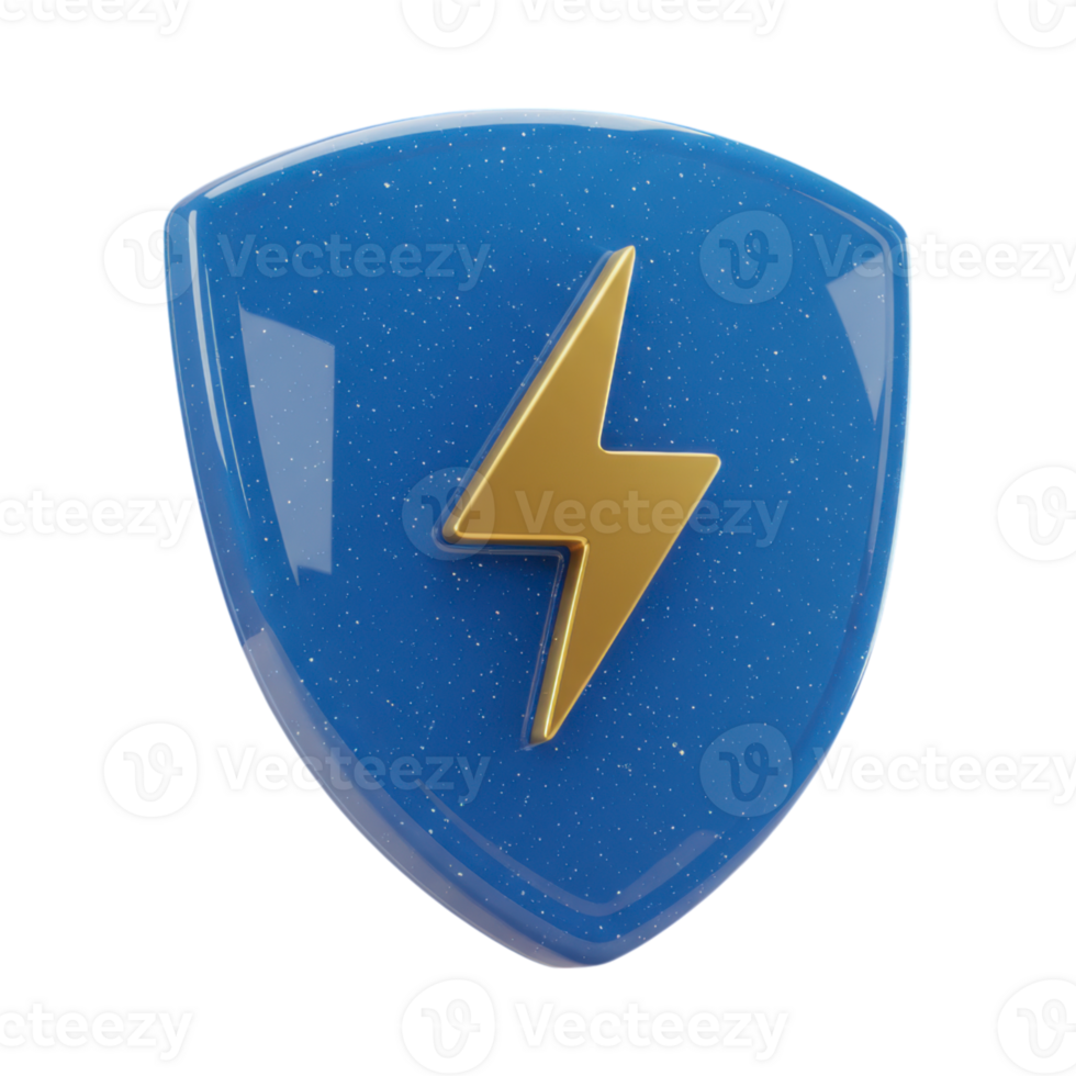 A stylized 3D blue shield with a prominent golden lightning bolt emblem png