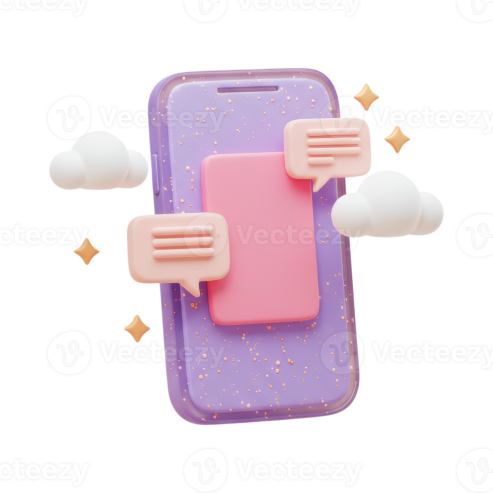 A 3D purple smartphone with pink message bubbles, a pink screen, and floating clouds png