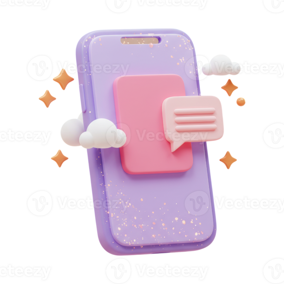 A 3D light purple mobile phone with pink message bubbles and floating elements png