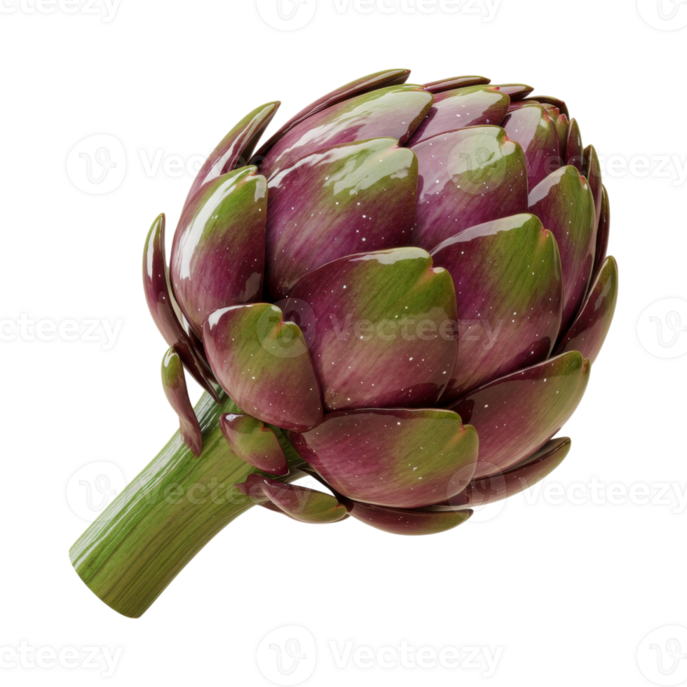 A vibrant 3D artichoke with glossy purple and green leaves png
