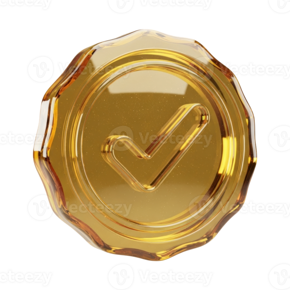 A high glossy 3D golden approval seal with a raised checkmark for quality assurance png