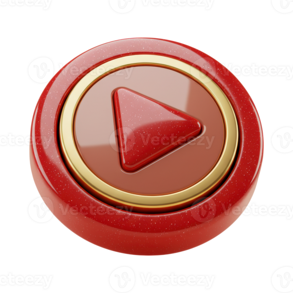 A 3D red and gold play button with a sparkling, glossy surface png