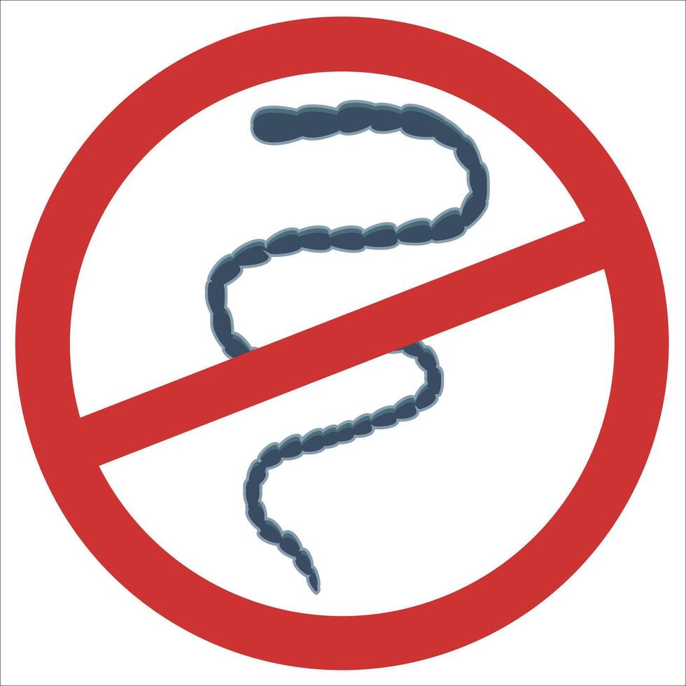 Roundworm control icon with red prohibition sign indicating pest prevention vector