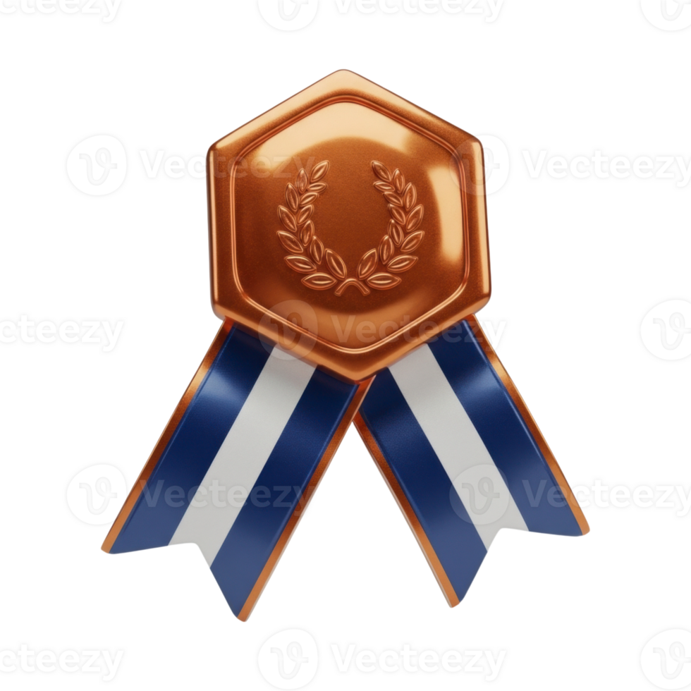 A 3D bronze medal with a blue and white striped ribbon png