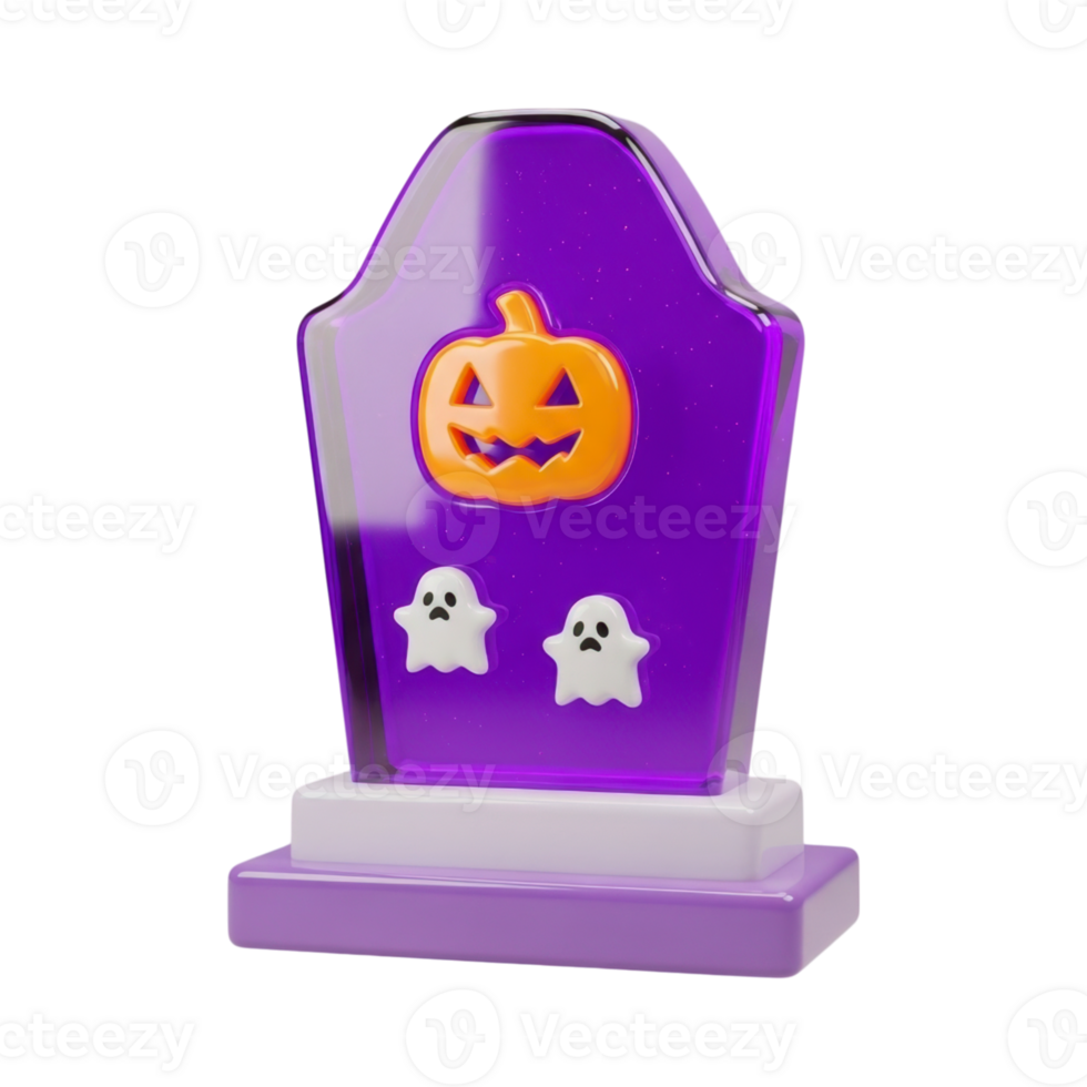 A glossy 3D Halloween tombstone with pumpkin and ghosts png