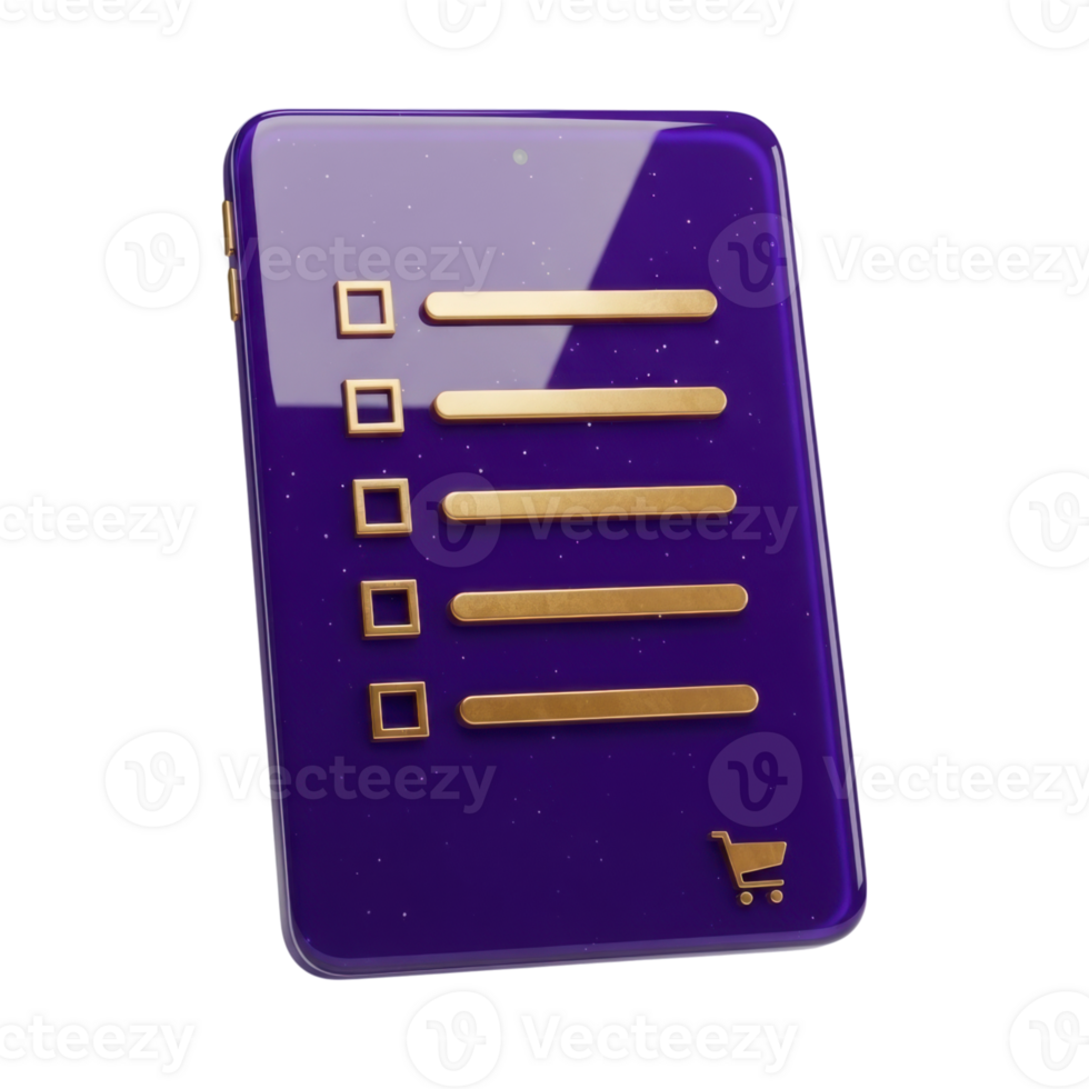 3D glossy digital tablet with shopping checklist and golden elements png