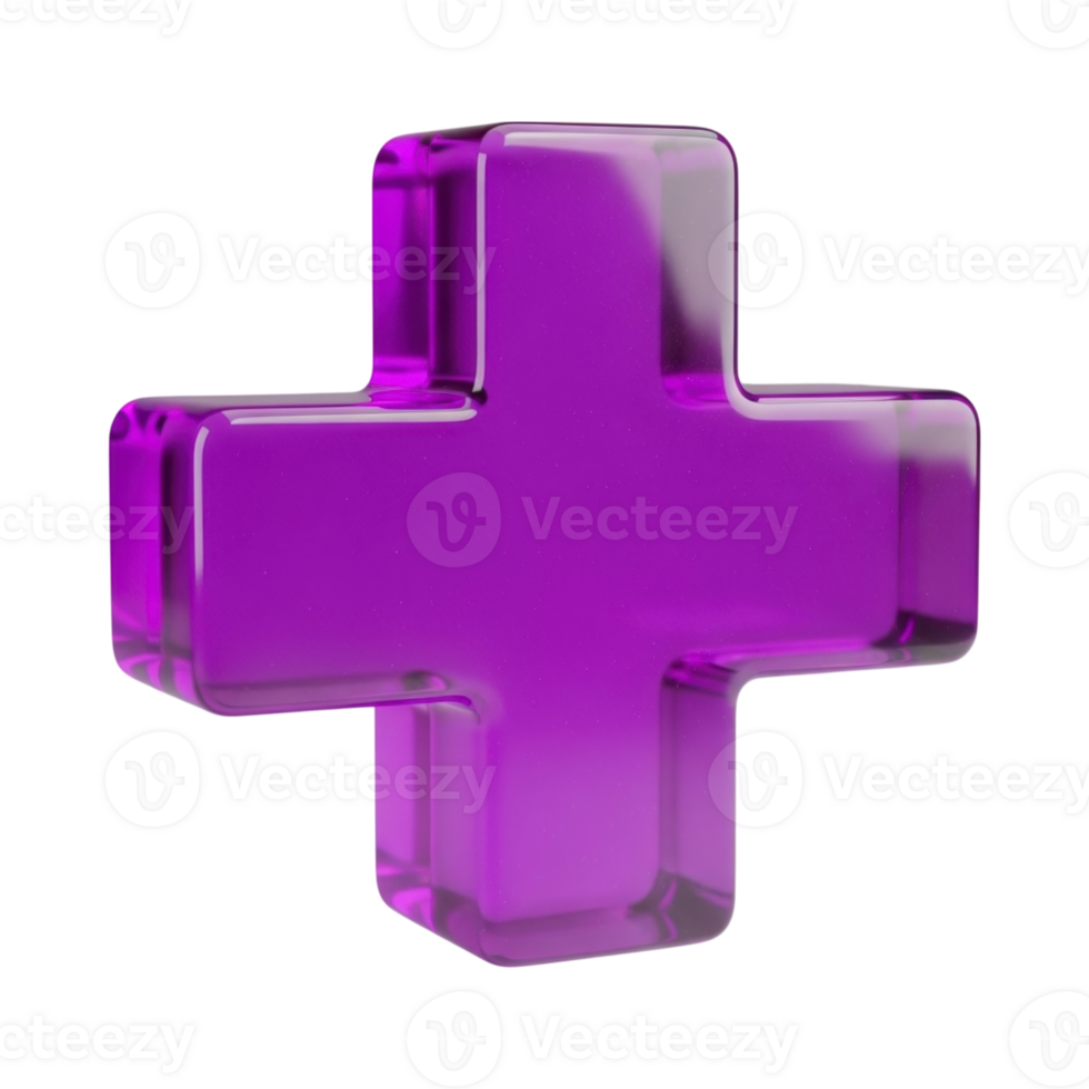 A vibrant purple 3D medical cross symbol with a glossy, translucent finish png