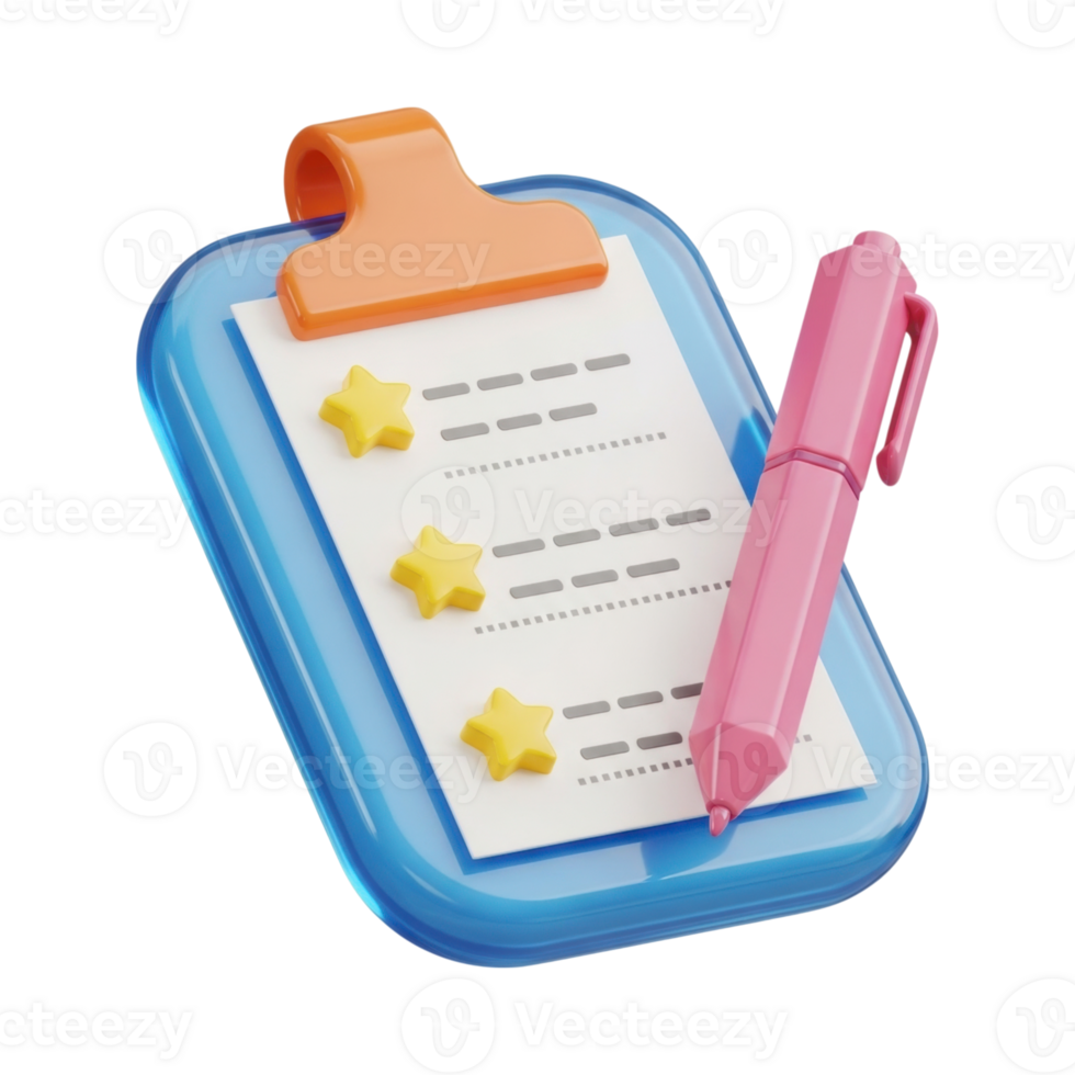 A 3D glossy blue clipboard with a checklist featuring stars and a pink pen for task management. png
