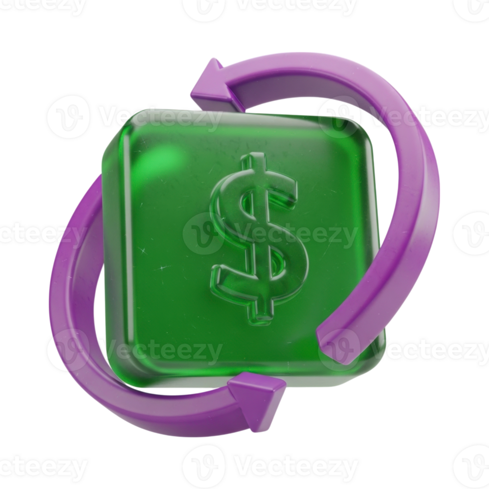 3D glossy dollar sign on green square with circular arrows for money exchange png