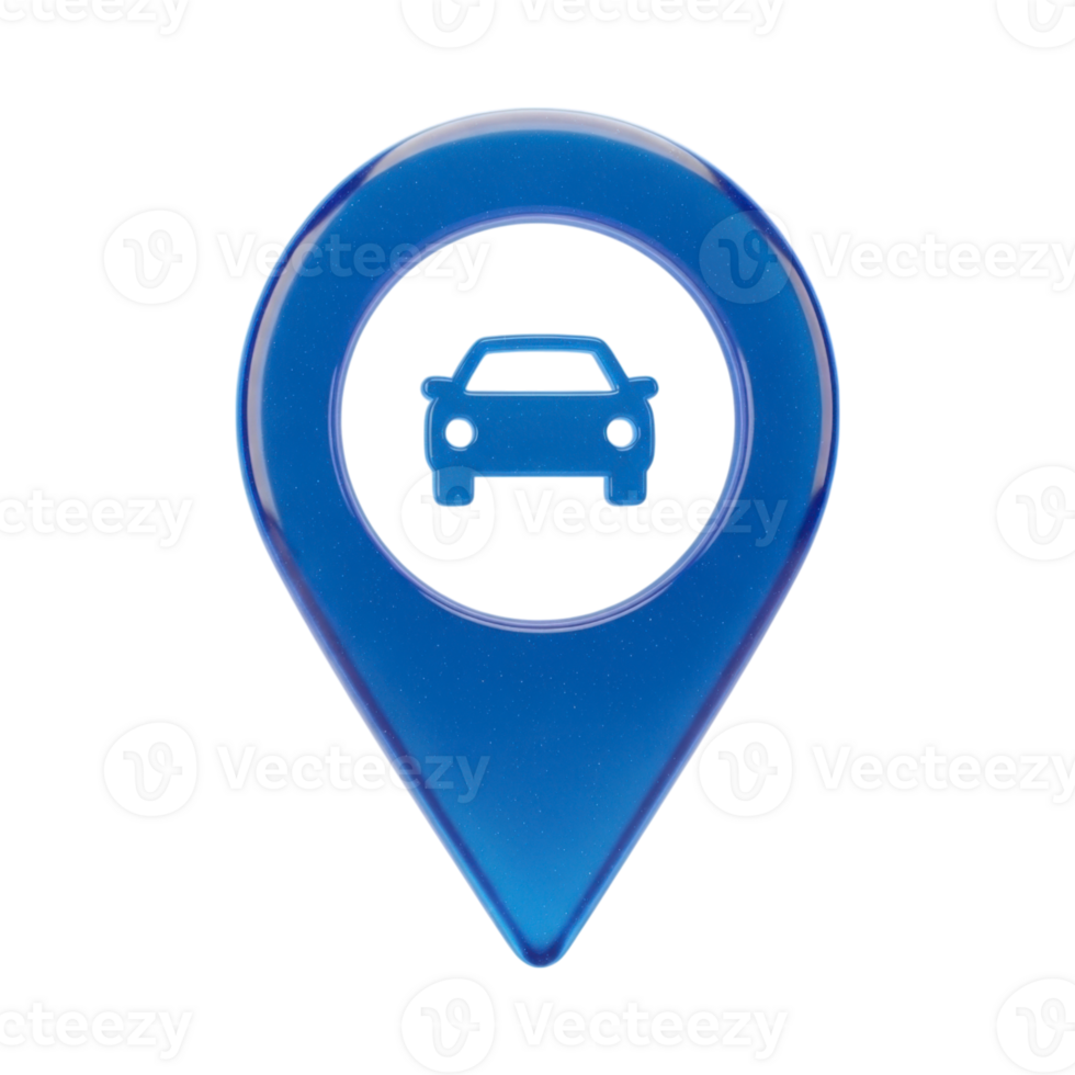 Blue 3D location pin with car icon for navigation and transport applications png