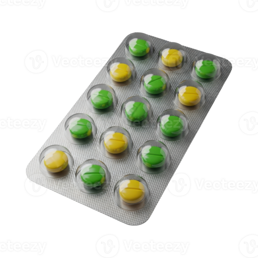 A 3D glossy translucent blister pack with bicolored green and yellow pills png