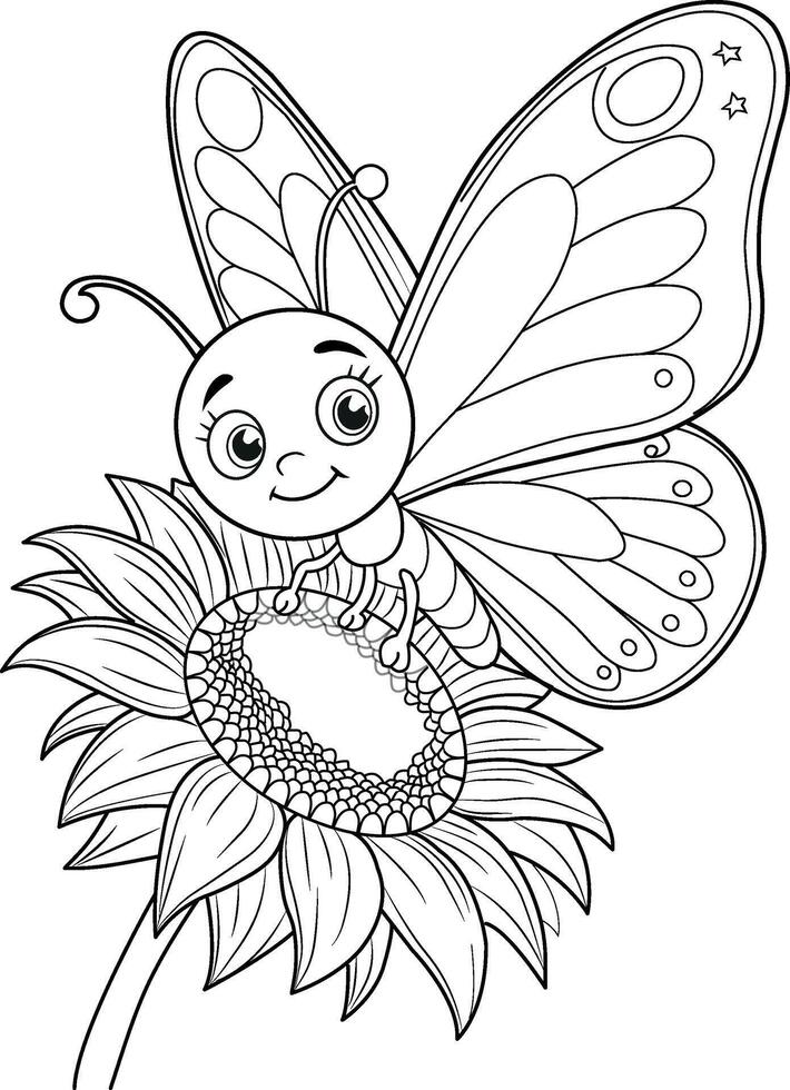 Cute Smiling Butterfly on Blooming Sunflower Line Art for kids vector