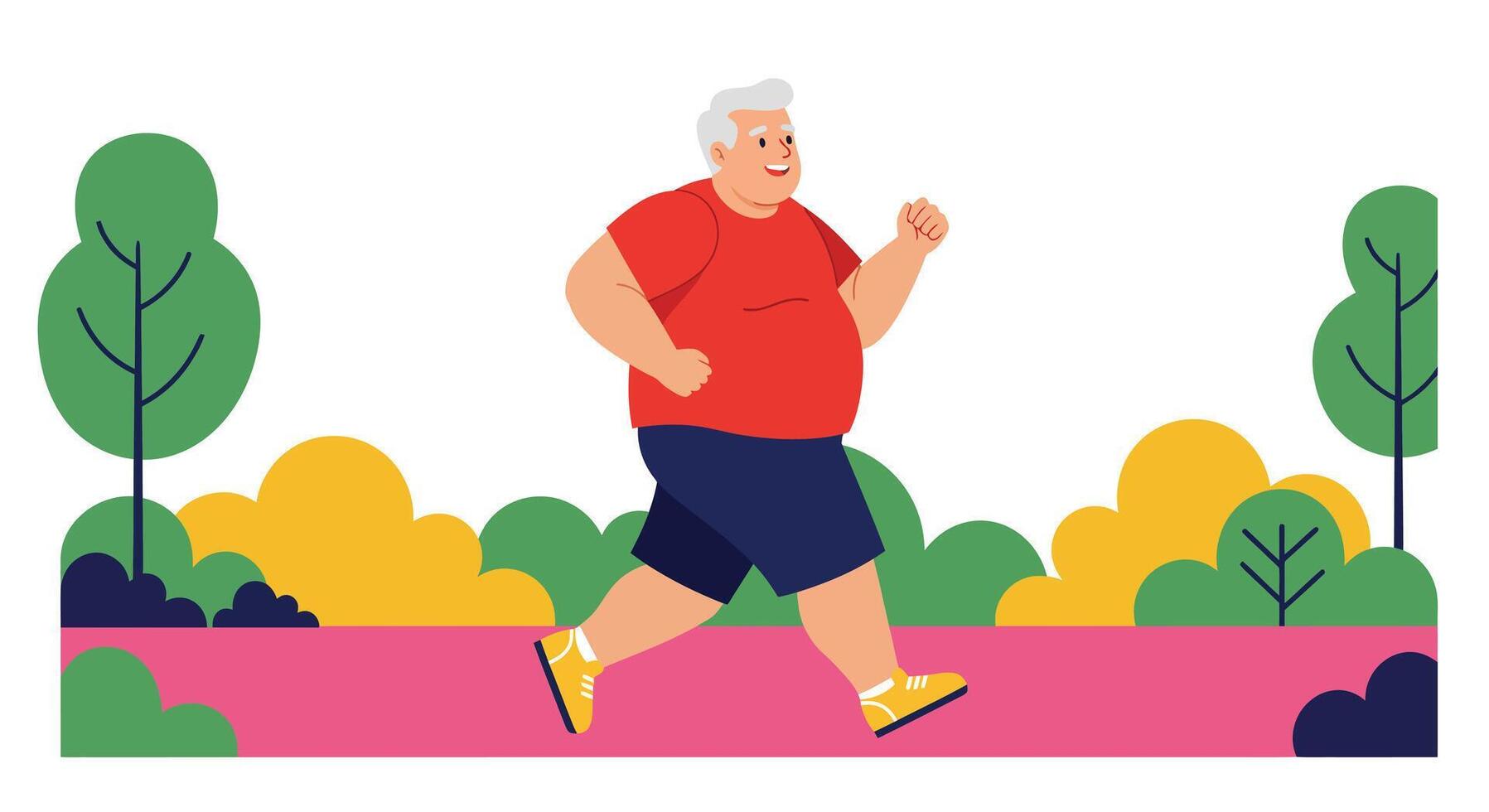 Elderly man jogging in park with trees and bushes in vibrant colors illustration vector