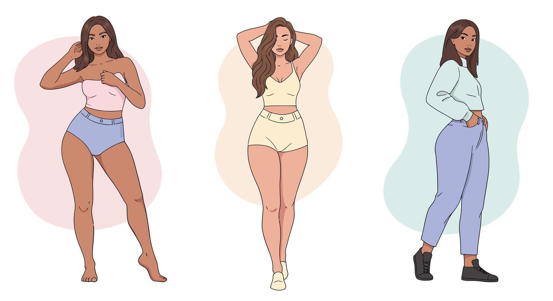 Diverse women in casual and lingerie outfits standing confidently in soft pastel backgrounds illustration vector