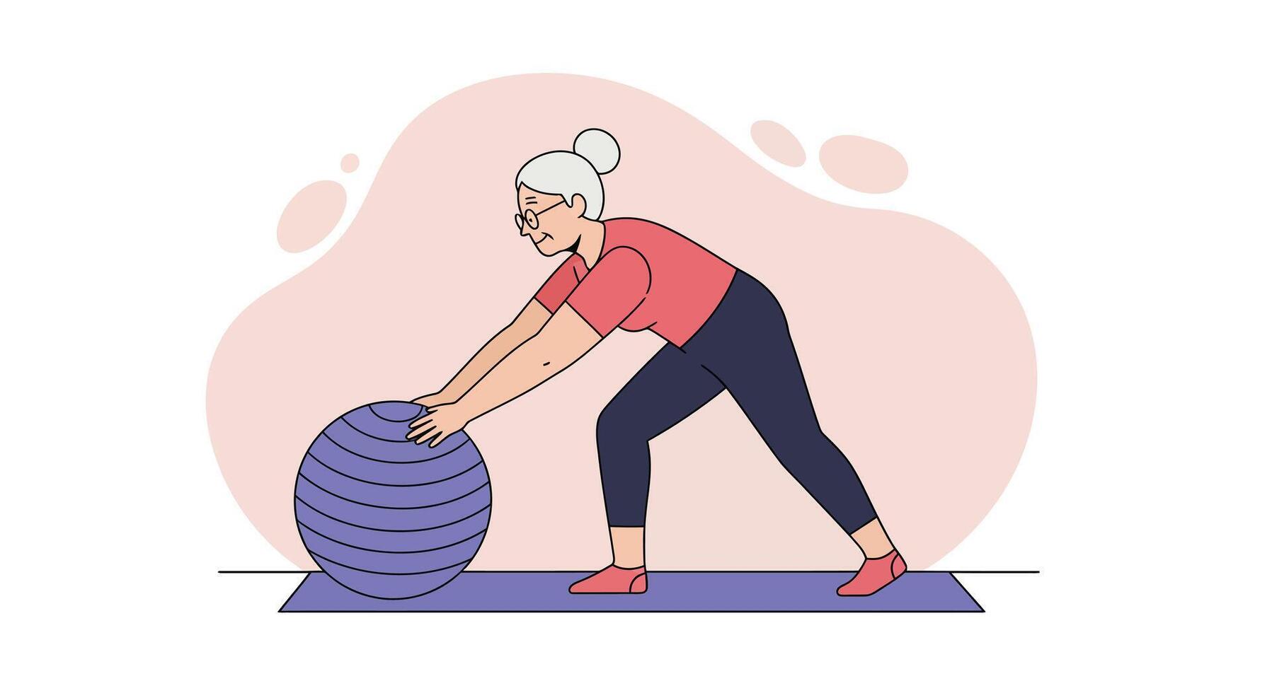 Elderly woman exercising with blue fitness ball on purple mat in simple illustration vector