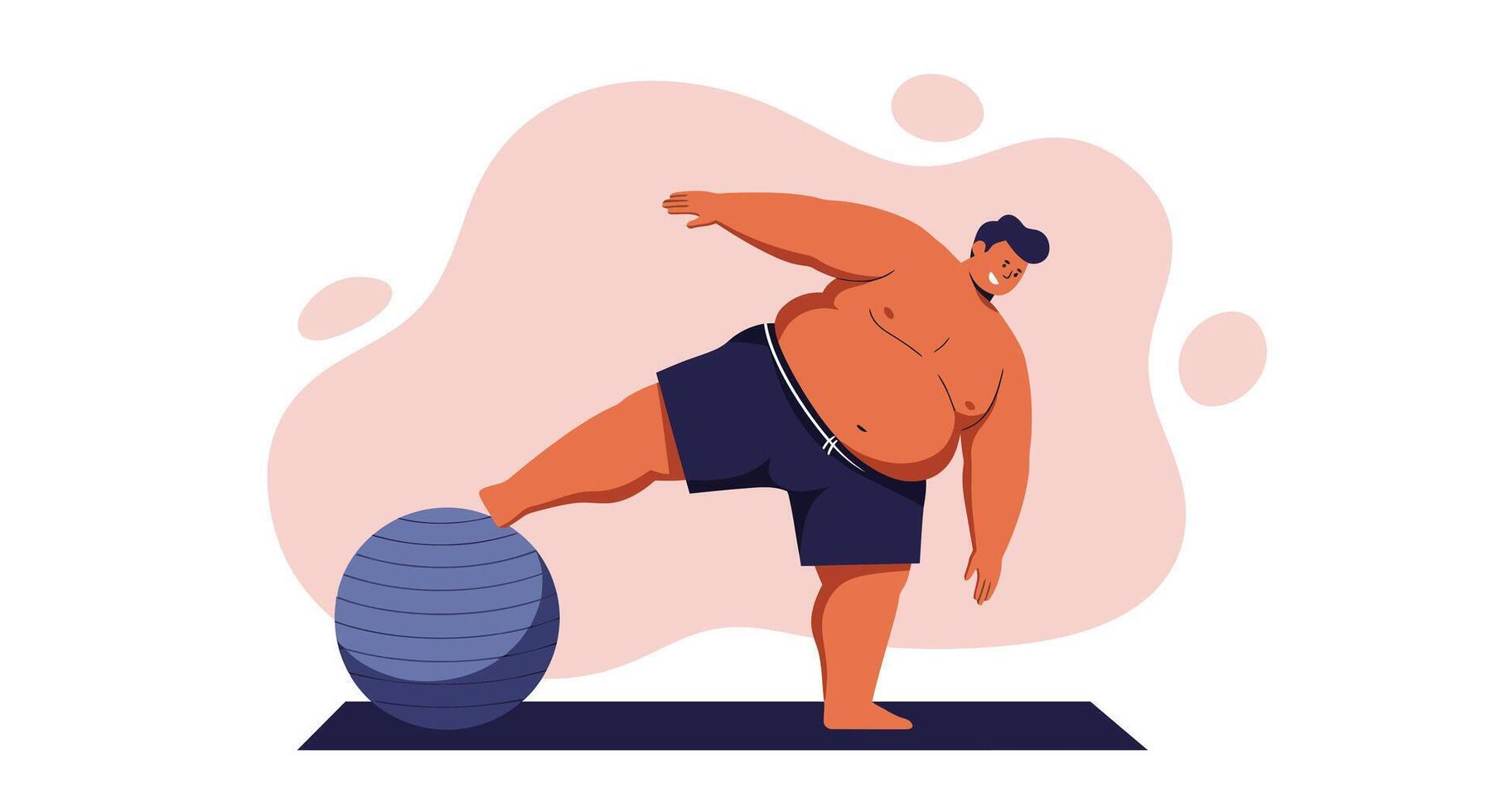 Overweight man balancing on large fitness ball in exercise routine illustration vector