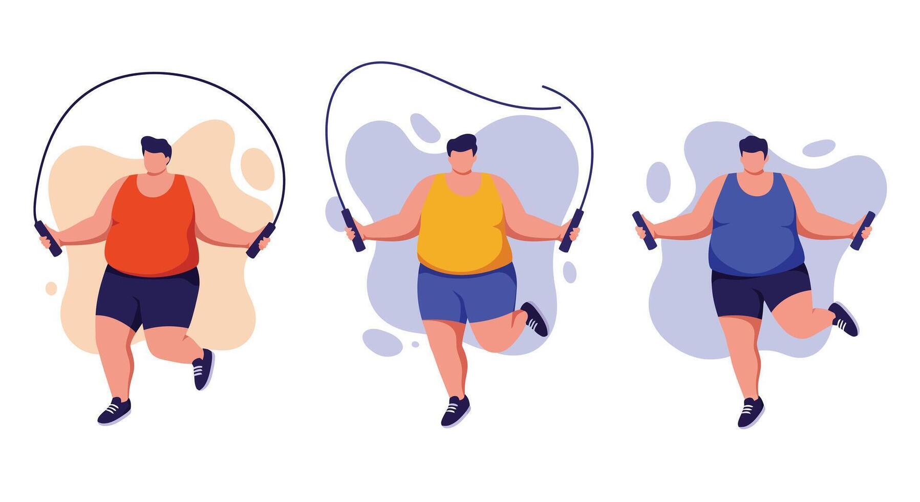 Overweight men exercising with jump ropes in colorful outfits promoting fitness and healthy lifestyle illustration vector