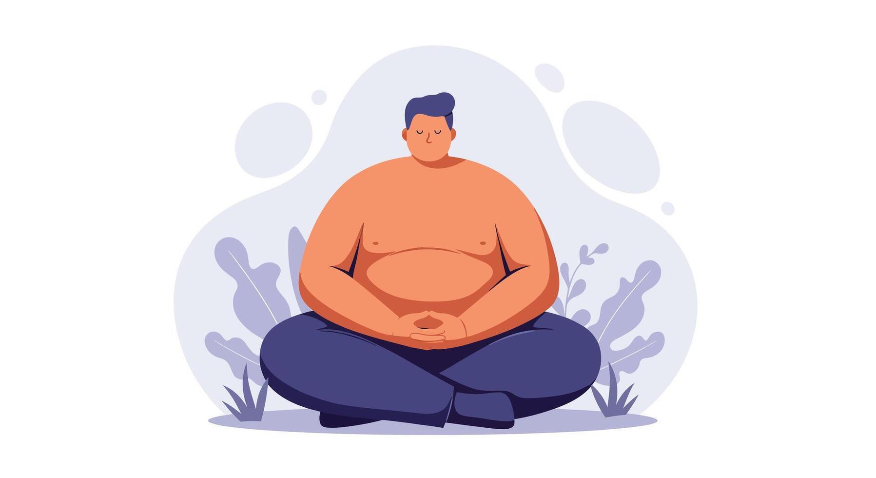 Overweight man sitting cross-legged in meditation pose with calm expression illustration vector