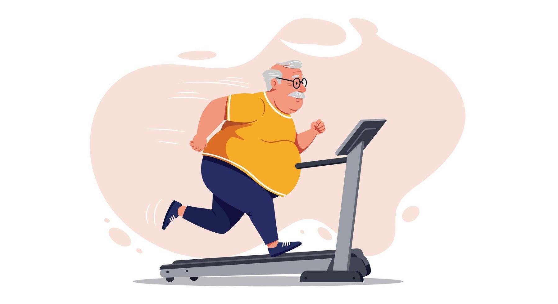 Overweight elderly man running on treadmill exercising for health and fitness lifestyle illustration vector