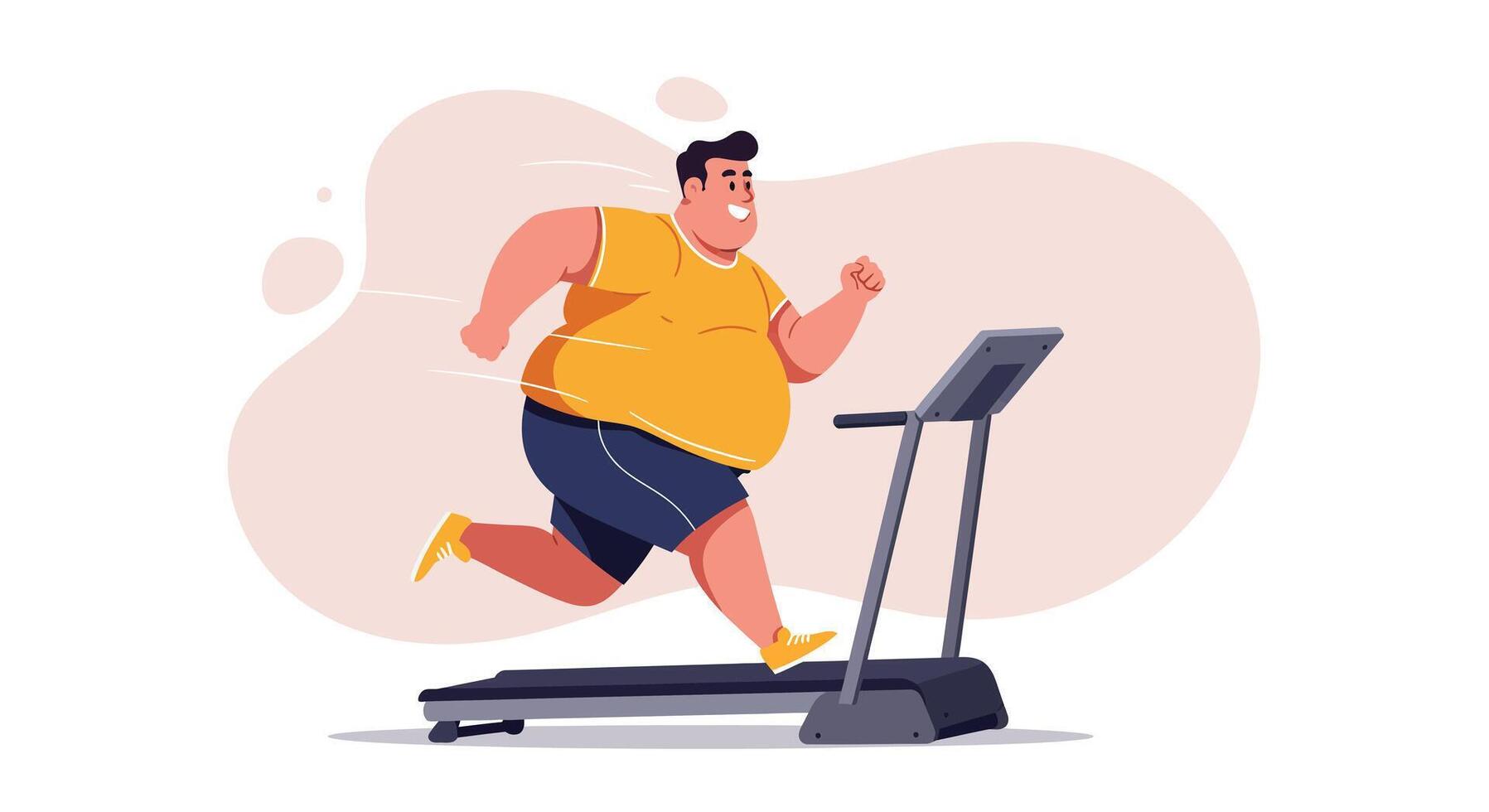 Overweight man running on treadmill for fitness and health improvement in lifestyle illustration vector