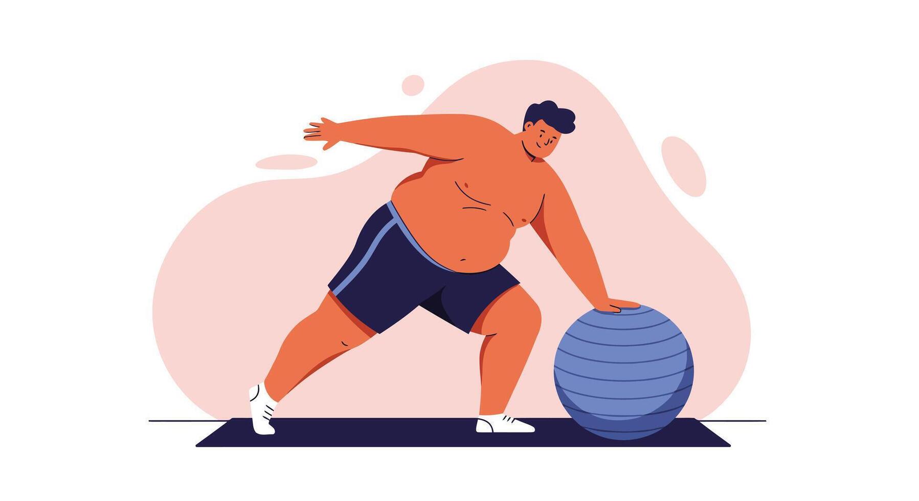 Overweight man exercising with fitness ball in home workout routine for healthy lifestyle and weight loss motivation vector