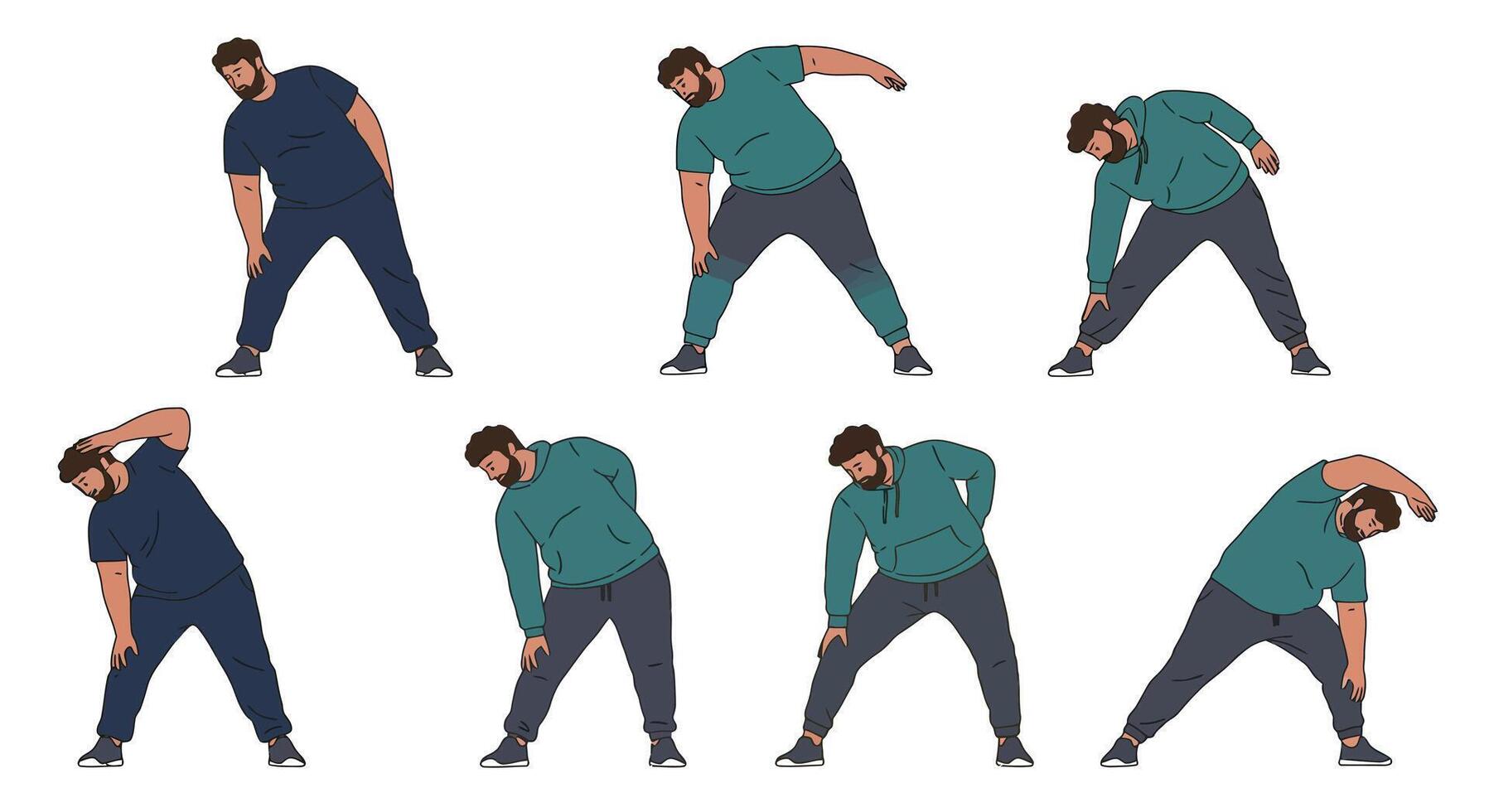 Man Performing Stretching Exercises in Various Poses for Fitness and Health Routine vector